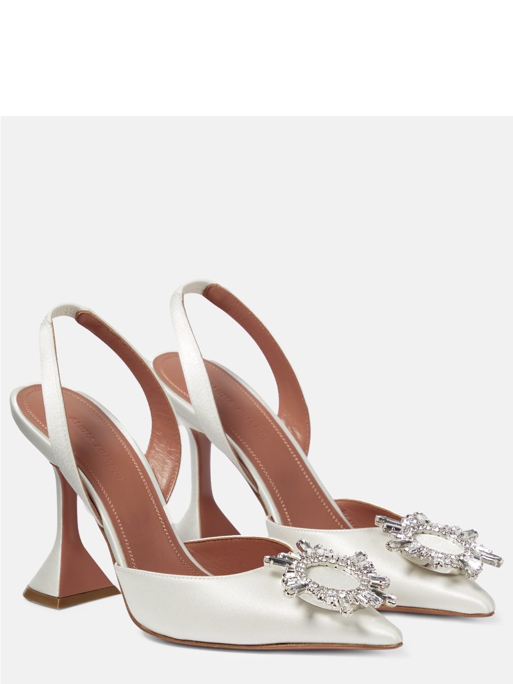 Amina Muaddi Ivory Satin Slingback Heels with Crystal Buckle